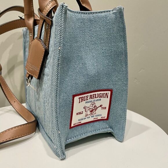 NWT True Religion Quilted Denim Horseshoe Satchel Crossbody Bag Light Blue - Picture 4 of 11